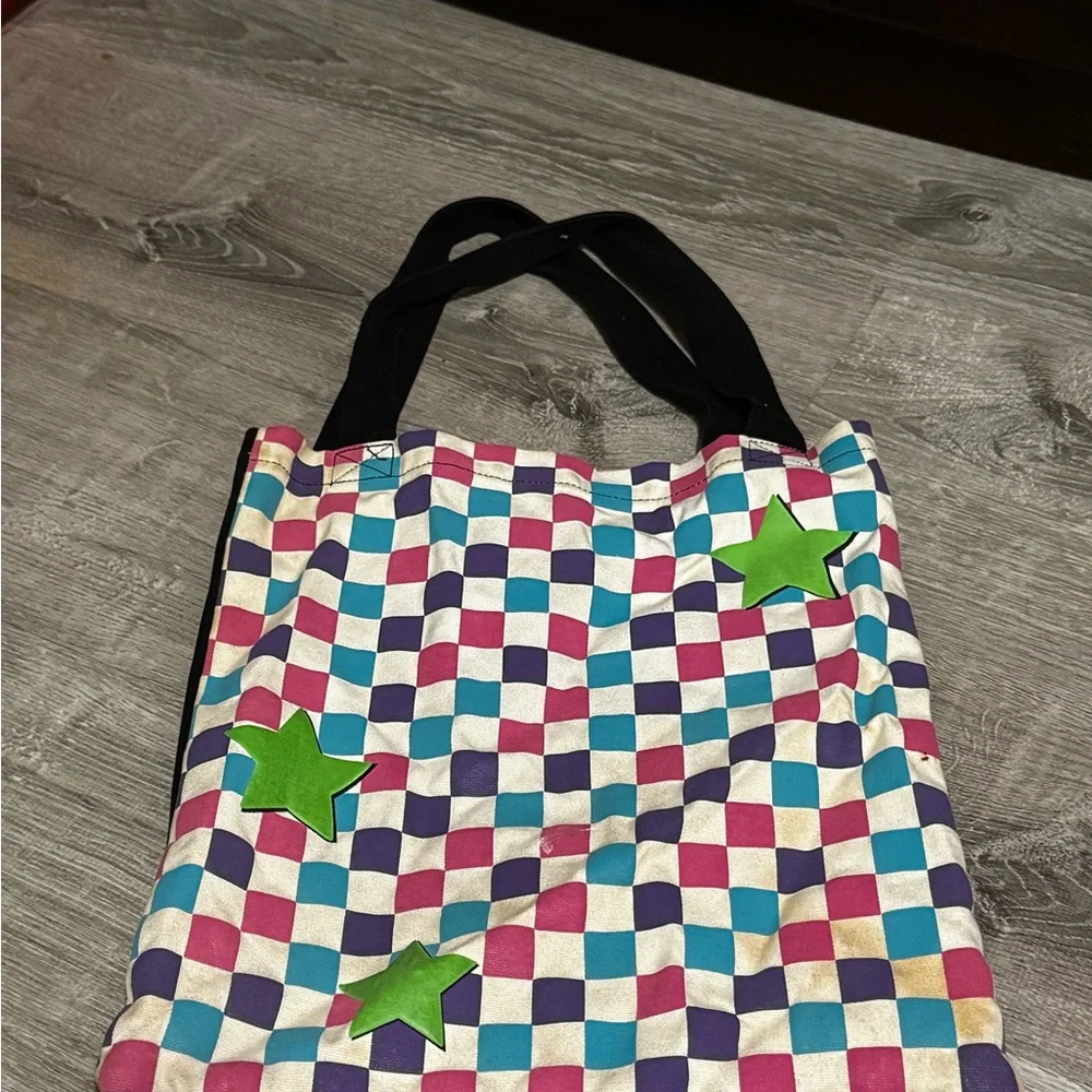 Vans Kids Black Tote with Neon Green Logo and Pink Checker Sneaker